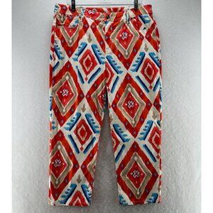 Chicos Jeans Sz 2.5 (L) Platinum Crop Sateen Ikat Slim Stretch Cotton Blend Red